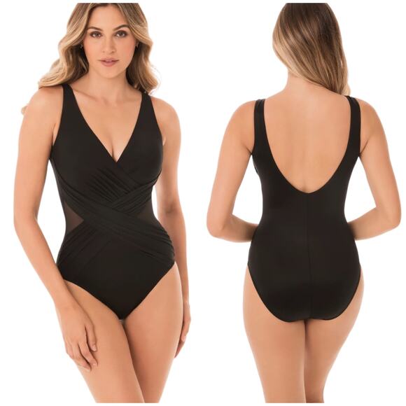 Miraclesuit NWOT Crossover Mesh One Piece Swimsuit Black Size 8 Bra Top A to D - Picture 1 of 13